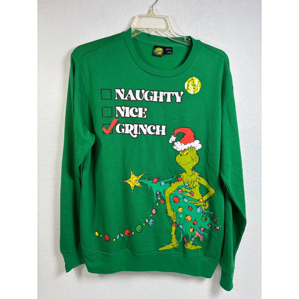 The Grinch Sweatshirt Mens Large Green Cotton Light Up Christmas Holiday Classic